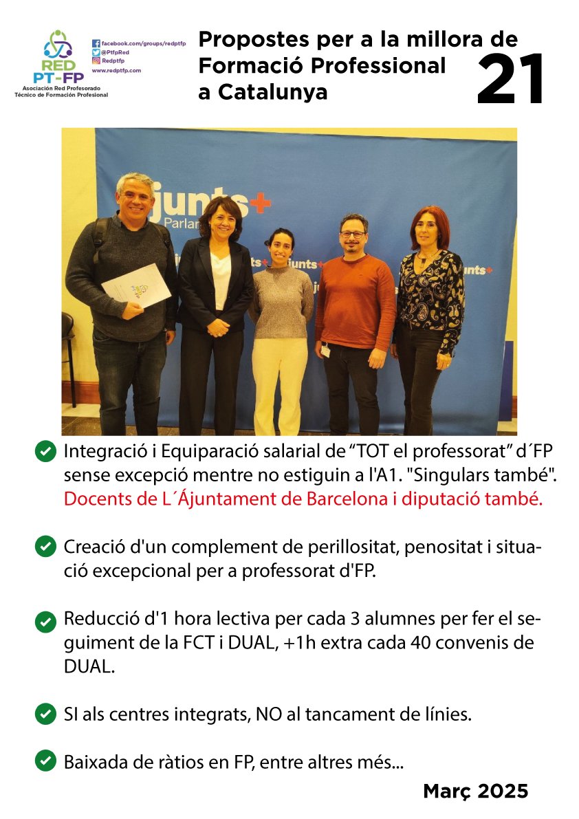 Hem presentat al <a href="/parlamentcat/">Parlament de Catalunya</a> a  <a href="/Anna_Erra/">Anna Erra i Solà🎗</a> i <a href="/SniaMartnezJuli/">Sònia Martínez Juli</a> de <a href="/JuntsXCat/">Junts per Catalunya🎗</a> <a href="/JuntsParlament/">Junts Parlament</a> les nostres principals 21 propostes per millorar la formació professional #FP a Catalunya durant els propers 4 anys.
Podeu veure les propostes clicant a baix ⏬