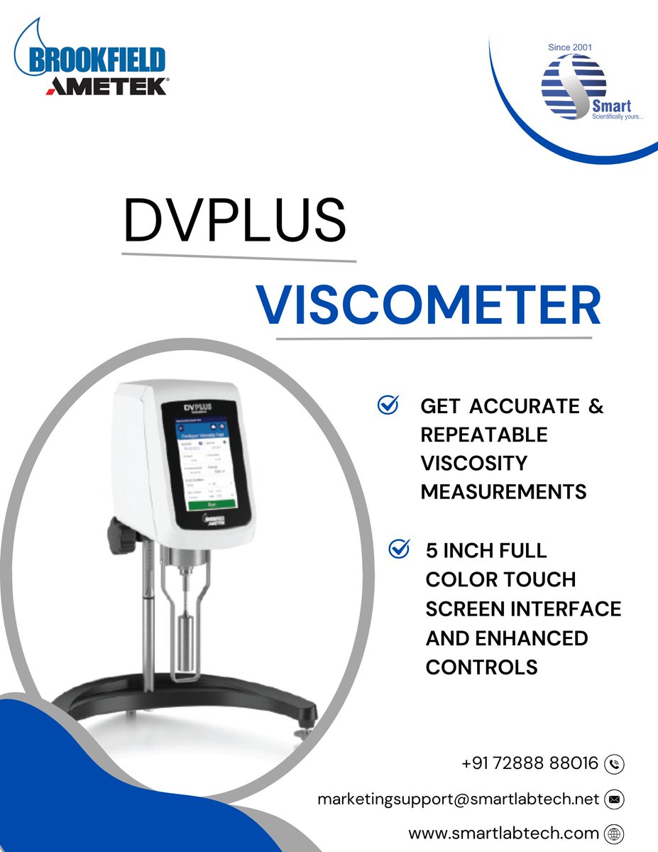 SmartLabTech2's tweet image. 📷 Smart Labtech: The Leading Supplier of AMETEK Brookfield Products – Introducing the DVPlus Viscometer!
Unlock precision and reliability like never before with the all-new DVPlus Viscometer from AMETEK Brookfield.