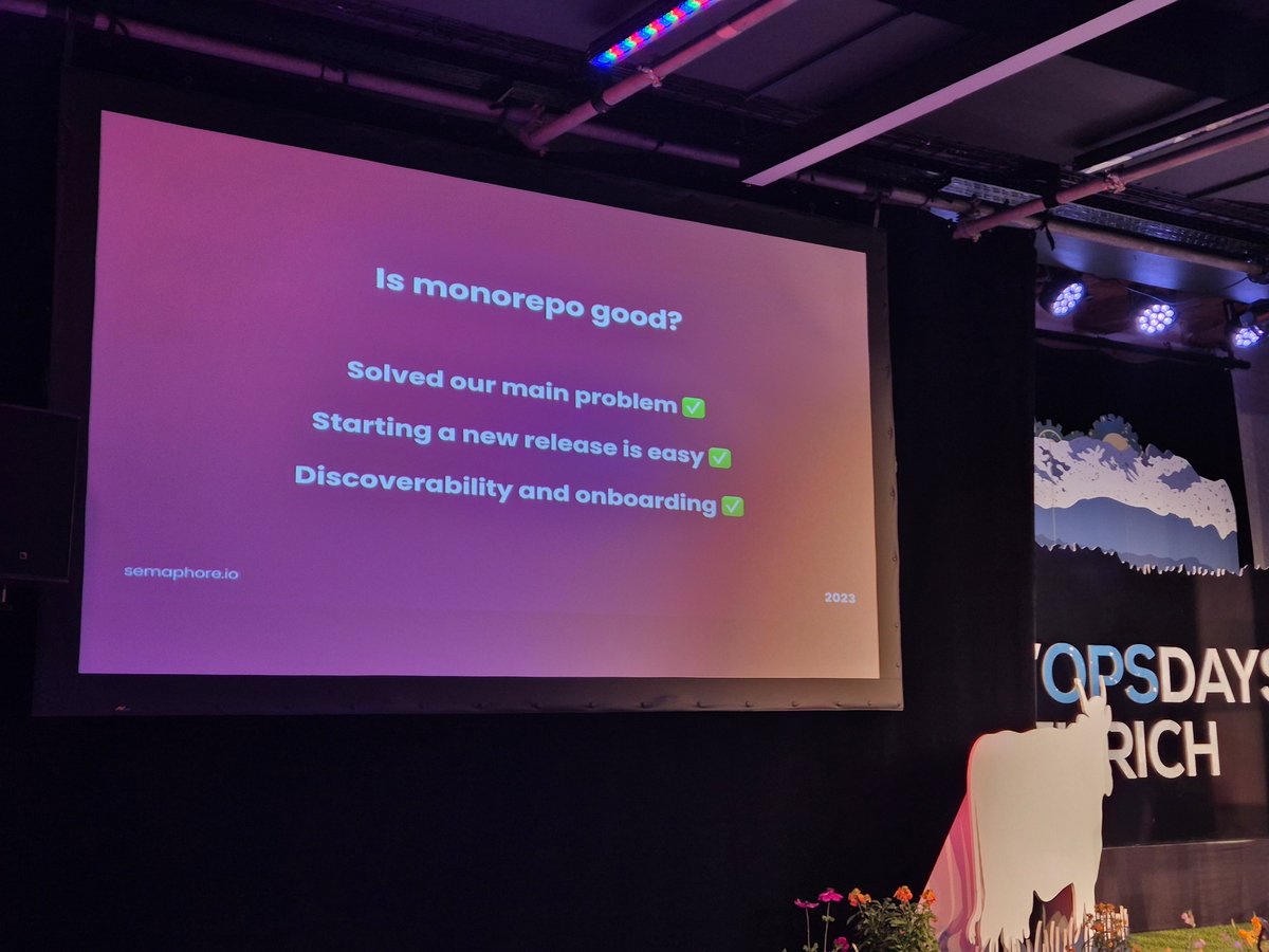 One size does not fit all! 

Always good to learn about the experience of companies going to Monorepo and the outcomes achieved.

As everything in technology (and life) it is all about the tradeoffs!

#DevOps #DevOpsDays #DevOpsDaysZH #dodzh

<a href="/devopszh/">DevOpsDaysZH</a>