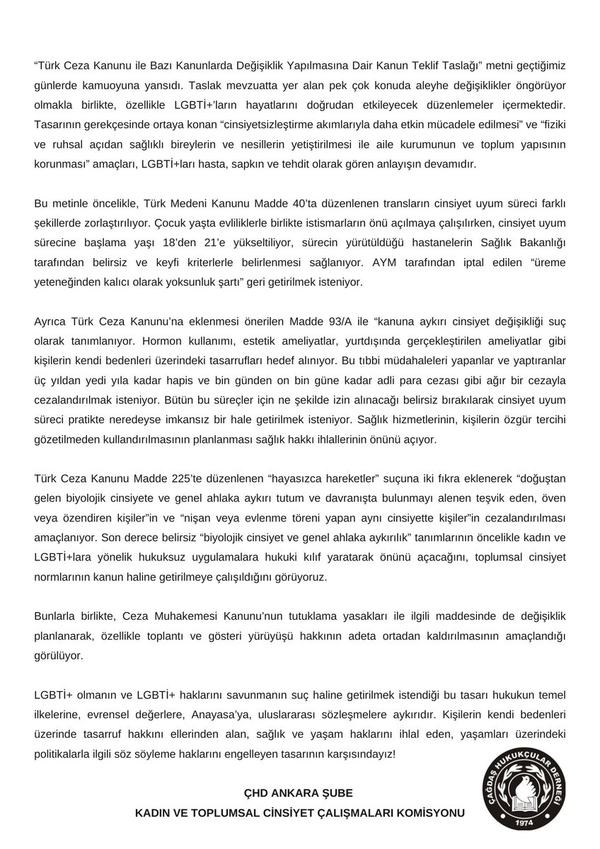 Son günlerde basında yer alan “Türk Ceza Kanunu ve Bazı Kanunlarda Değişiklik Yapılmasına Dair Kanun Teklif Taslağı”na ilişkin açıklamamızdır.

Kadınların ve özellikle LGBTİ+ların yaşamlarına doğrudan müdahale içeren düzenlemelerin karşısındayız, her alanda mücadele edeceğiz!