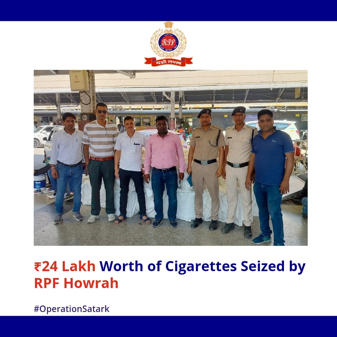 RPF_INDIA's tweet image. #RPF team of  #Howrah seized cigarettes worth over ₹24 lakh being transported through railway parcel service under false declaration.

 Any attempt to transport illegal goods through deceptive means will lead to severe penalties, including imprisonment, fines, or both.…