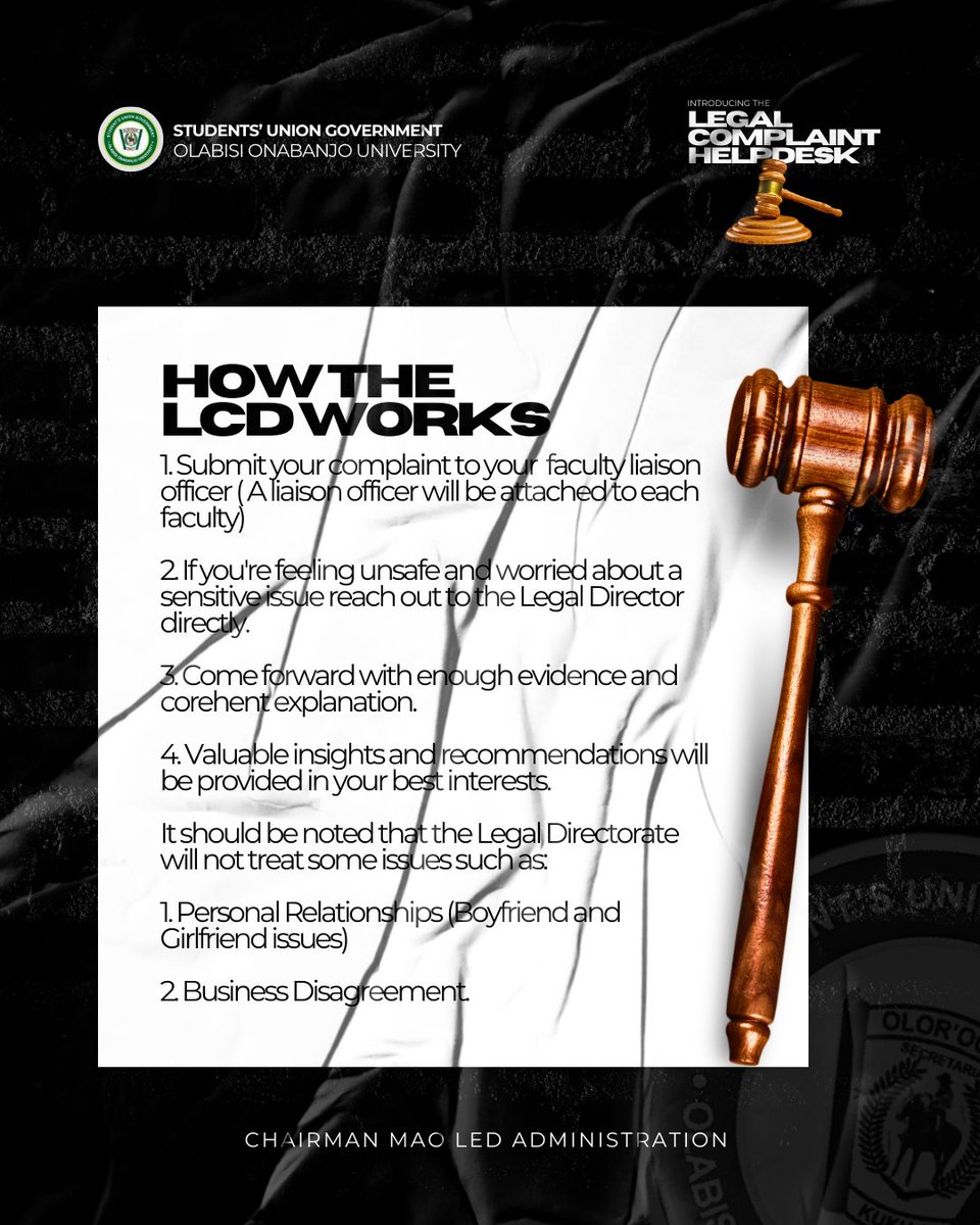 SulaimanDrift's tweet image. Esteemed OOUITES!!
A channel for communication has been created. Let's take advantage of this rather than resort to unconventional ways of reporting legal issues.
For any complaints the Legal Director can be reached out to directly. wa.me/message/RHD6CV…