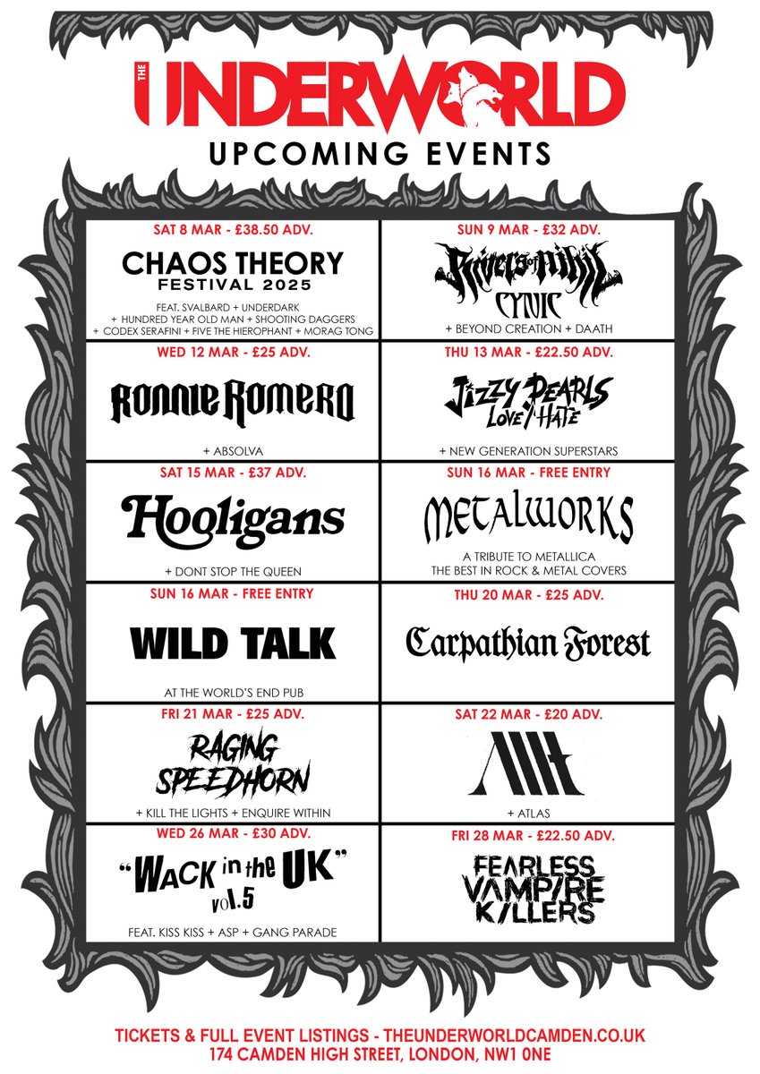 The Underworld (@theunderworld) on Twitter photo INCOMING & 20 NEW ๐คโก๏ธ bit.ly/UWMS0307
๐ธ Featuring @JizzyPearl13 @LoveHateBand @SpeedhornUK <a href="/MetalworksRock/">Metalworks</a> @AtlasMusicUK @FVkillers & more.
๐ LISTINGS & TICKETS - theunderworldcamden.co.uk
๐ต Playlist - bit.ly/UWplaylist INCOMING & 20 NEW ๐คโก๏ธ bit.ly/UWMS0307
๐ธ Featuring @JizzyPearl13 @LoveHateBand @SpeedhornUK <a href="/MetalworksRock/">Metalworks</a> @AtlasMusicUK @FVkillers & more.
๐ LISTINGS & TICKETS - theunderworldcamden.co.uk
๐ต Playlist - bit.ly/UWplaylist