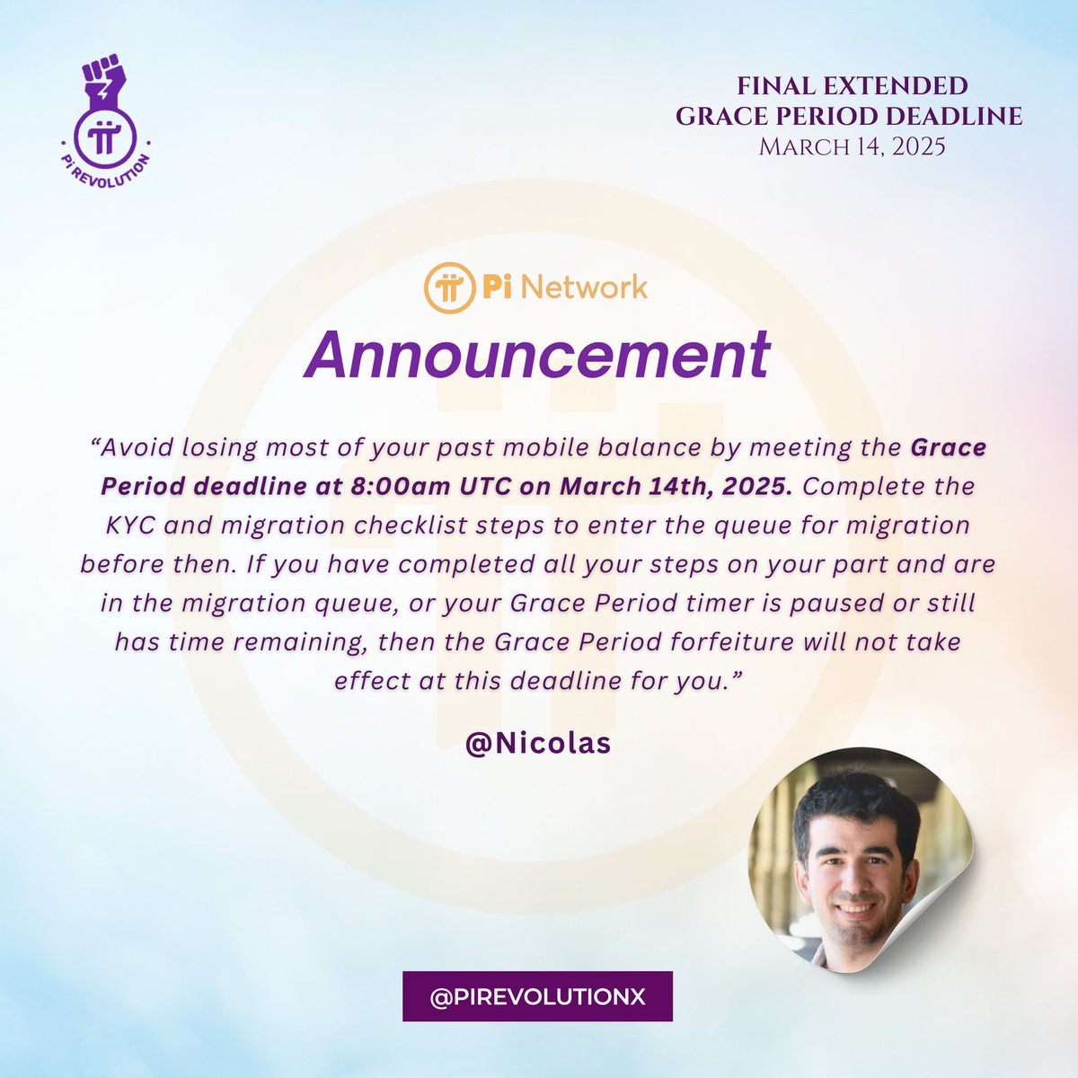 🚨 Final Grace Period Deadline: March 14, 2025, at 8:00 AM UTC! ⏳  

Avoid losing most of your past mobile balance—complete KYC &amp; migration steps now to enter the queue before the deadline! If your timer is paused or still running, you're safe. #PiNetwork