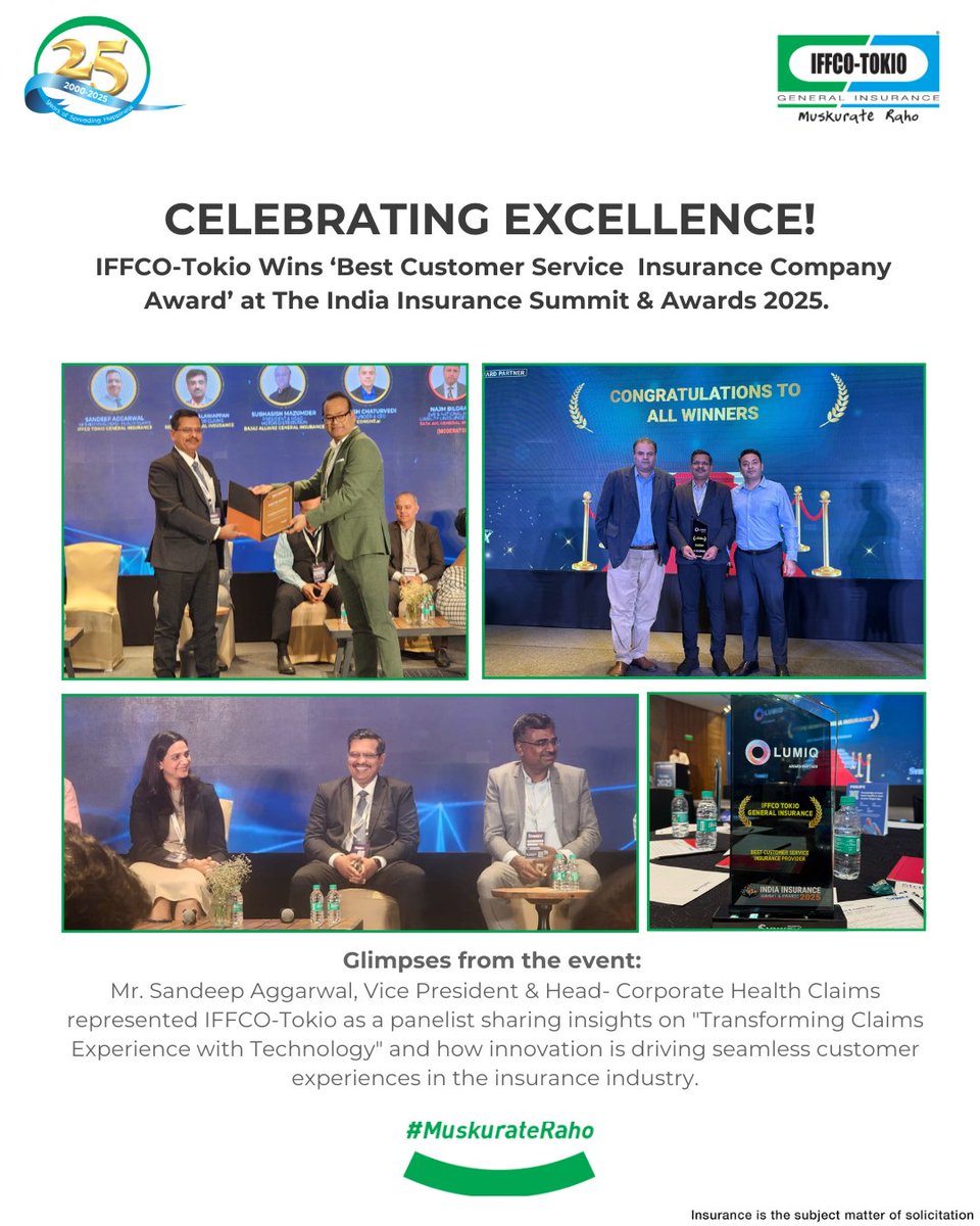 IFFCO__TOKIO's tweet photo. We are honored to be recognised as the Best Customer Service Insurance Company at the India Insurance Summit & Awards 2025! Adding to this achievement, Mr. Sandeep Aggarwal represented IFFCO-Tokio as a panelist, sharing insights on "Transforming Claims Experience with Technology" and how innovation is driving seamless customer experiences in the Insurance industry.  This award is a testament to our unwavering commitment to customer-first solutions. Thank you for your trust and support!  

 #IFFCOTokio #IndiaInsuranceSummit2025 #CustomerFirst #AwardWinningService #TechnologyInInsurance #MuskurateRaho #SynnexGroup

@SandeepAgga