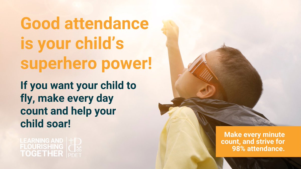 🦸‍♂️ Good attendance is your child’s superhero power! 🦸‍♀️

Every school day is an adventure, filled with learning, friendship and fun. Help your child unlock their full potential by ensuring they attend school every day

🚀 Every day in school helps them soar higher!

#ProudtobePDET