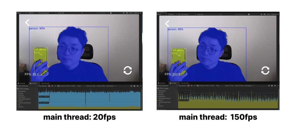 OnnxRuntime Unity Update:
- Supported running in the background thread. Not blocking the main thread anymore
- Supported the dynamic shape model with the background thread

#OnnxRuntime #MadeWithUnity

github.com/asus4/onnxrunt…