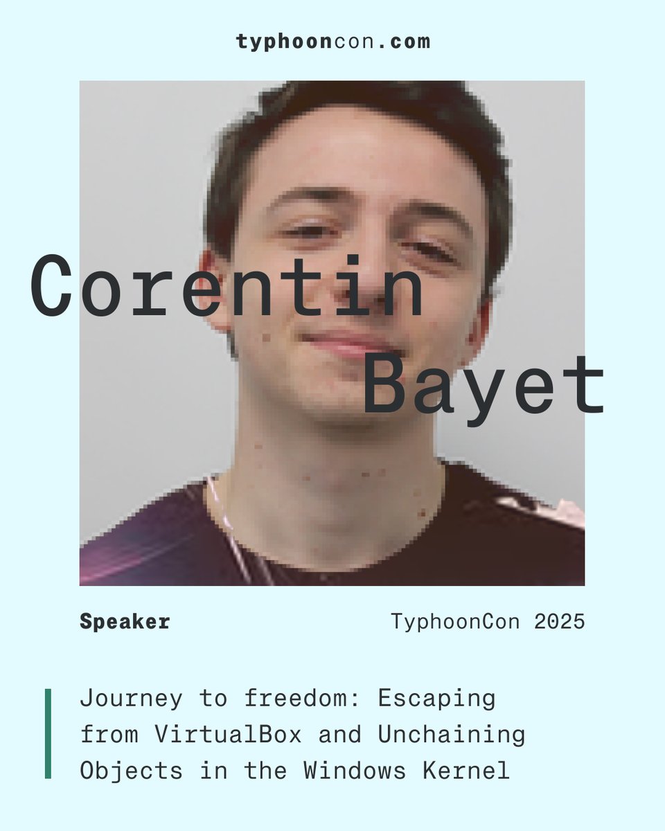 🌪️ Speaker Announcement!

Excited to welcome <a href="/OnlyTheDuck/">cbayet</a> to the #TyphoonCon2025 Conference lineup!
Join us in Seoul on May 29-30: typhooncon.com/agenda