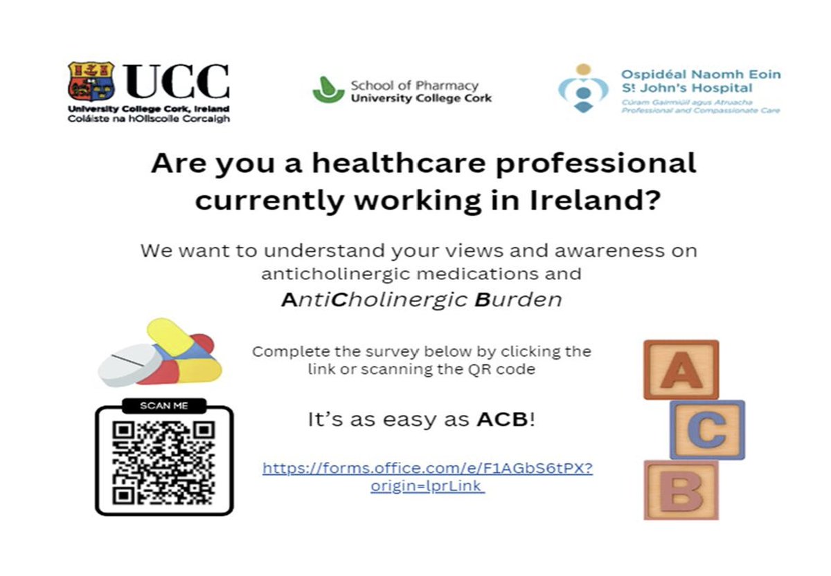 Carina O'Brien (@carinaobrien_) on Twitter photo Researchers <a href="/StJohnsHospLmk/">St. John's Hospital, Limerick</a> and <a href="/Pharmacy_UCC/">UCC Pharmacy School</a> are studying the views of #healthcareprofessionals in Ireland on their views and awareness of anticholinergic burden.
This survey linked below should only take 5-10 minutes. Please share with your networks:
forms.office.com/e/F1AGbS6tPX?o… Researchers <a href="/StJohnsHospLmk/">St. John's Hospital, Limerick</a> and <a href="/Pharmacy_UCC/">UCC Pharmacy School</a> are studying the views of #healthcareprofessionals in Ireland on their views and awareness of anticholinergic burden.
This survey linked below should only take 5-10 minutes. Please share with your networks:
forms.office.com/e/F1AGbS6tPX?o…