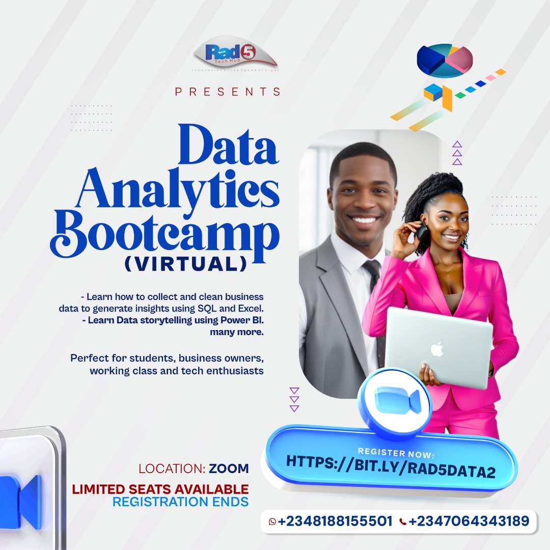 Join the Data Analytics Bootcamp,, gain hands-on skills in:
Data Collection &amp; Cleaning using SQL &amp; Excel
Data Storytelling with Power BI
Business Data Analysis

Students, Business Owners, Working Professionals Tech Enthusiasts can join.

Register now: bit.ly/RAD5DATA