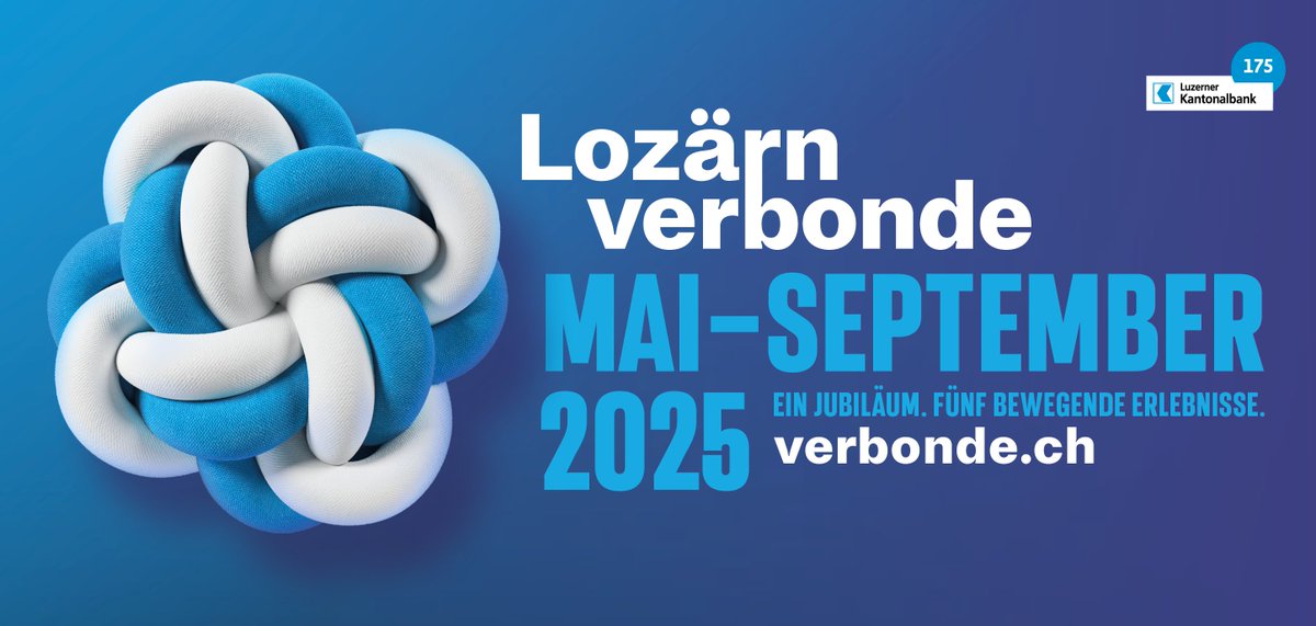 Die Luzerner Kantonalbank AG feiert im Jahr 2025 ihr 175-jähriges Bestehen und schenkt der Luzerner Bevölkerung aus diesem Anlass fünf einzigartige Events. Unter dem Leitmotiv «Lozärn verbonde» lädt die LUKB zu fünf kostenlosen Events und Erlebnissen ein: verbonde.ch/medien