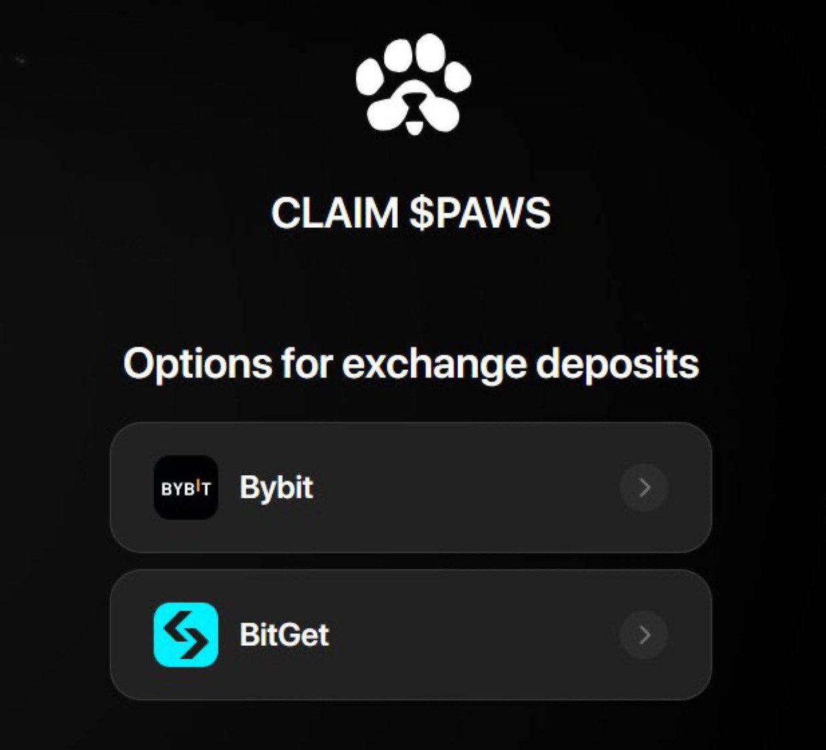 💥You can Claim Your $PAWS 

Steps to Claim:

🤖Go to paws.community/app
🤖Calculate your allocation.
🤖 Click "Claim" to proceed.
🤖 Choose "Centralized Exchanges" to deposit directly to a CEX.

Note: A 3% withdrawal fee applies when claiming to a CEX.