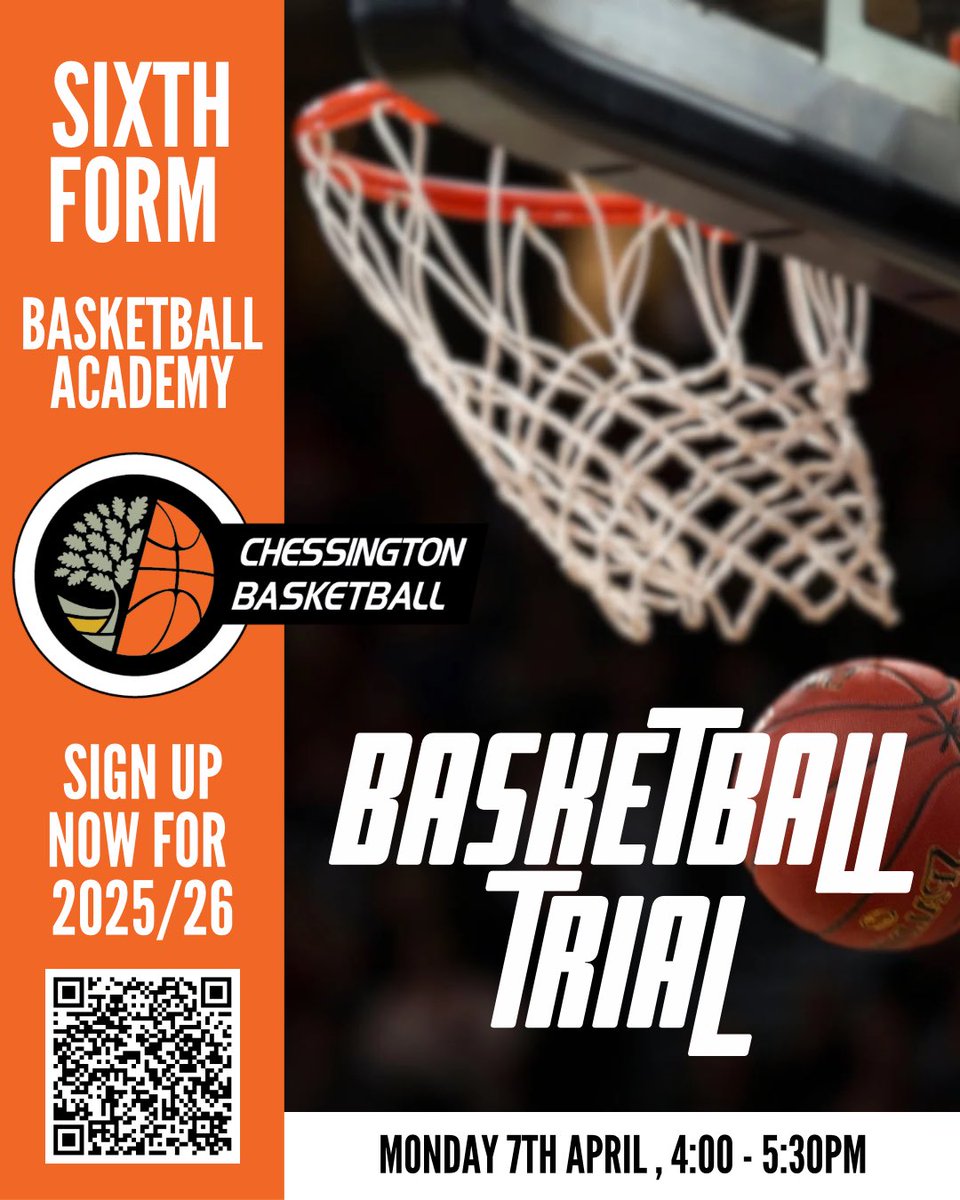 Interested in joining Chessington Sixth Form’s Basketball Academy?

Students wishing to apply for September 2025 entry are invited by Coach Addy to join him for our second Basketball trial of the season:

 Monday 7th April 2025, 4:00 - 5:30pm

Book Now:

chessington.kingston.sch.uk/sixth-form/spo…