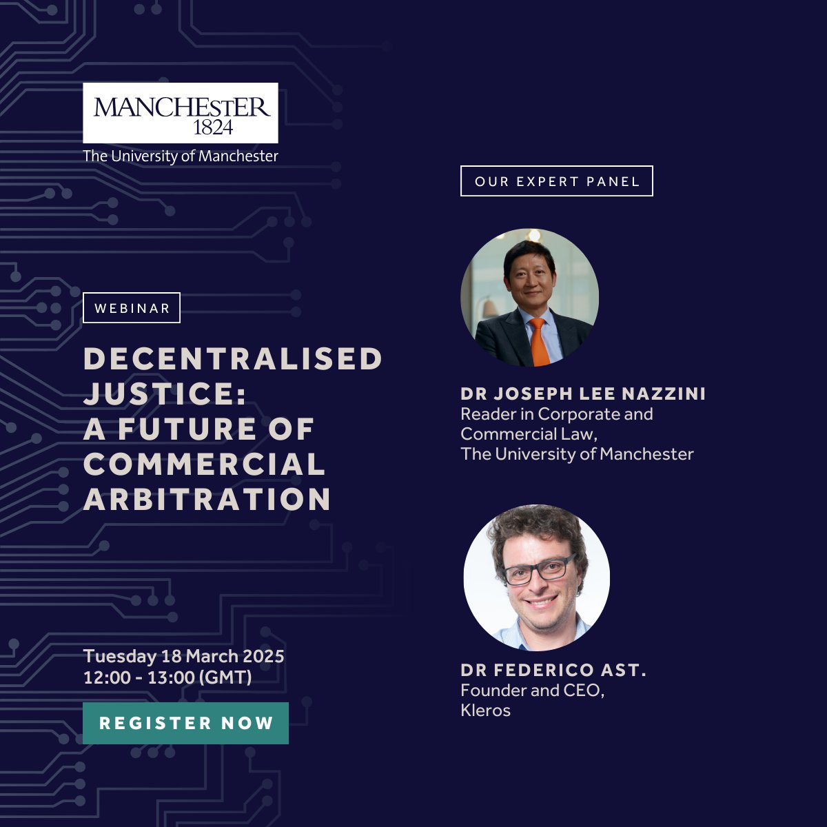 UoM School of Social Sciences (@uomsoss) on Twitter photo Is blockchain the key to the future of commercial arbitration?
Join Dr <a href="/123josephlee/">Joseph Lee Nazzini</a> and Dr <a href="/federicoast/">Federico Ast</a> on 18 March at 12:00 GMT to gain insights into the revolutionary role of blockchain and smart contracts in commercial arbitration.
Register today: zoom.us/webinar/regist… Is blockchain the key to the future of commercial arbitration?
Join Dr <a href="/123josephlee/">Joseph Lee Nazzini</a> and Dr <a href="/federicoast/">Federico Ast</a> on 18 March at 12:00 GMT to gain insights into the revolutionary role of blockchain and smart contracts in commercial arbitration.
Register today: zoom.us/webinar/regist…