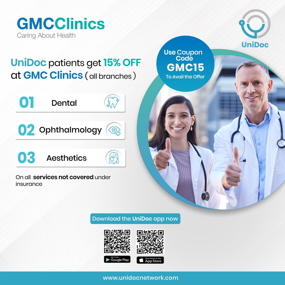 unidocnetwork's tweet image. Exclusive Deal for UniDoc Patients! Get 15% OFF at GMC Clinics (all branches) on Dental, Ophthalmology, and Aesthetics services.

📲 Use code GMC15 &amp;amp; book via the UniDoc app today!

#UniDoc #GMCClinics #ExclusiveOffer #SmartHealthcare