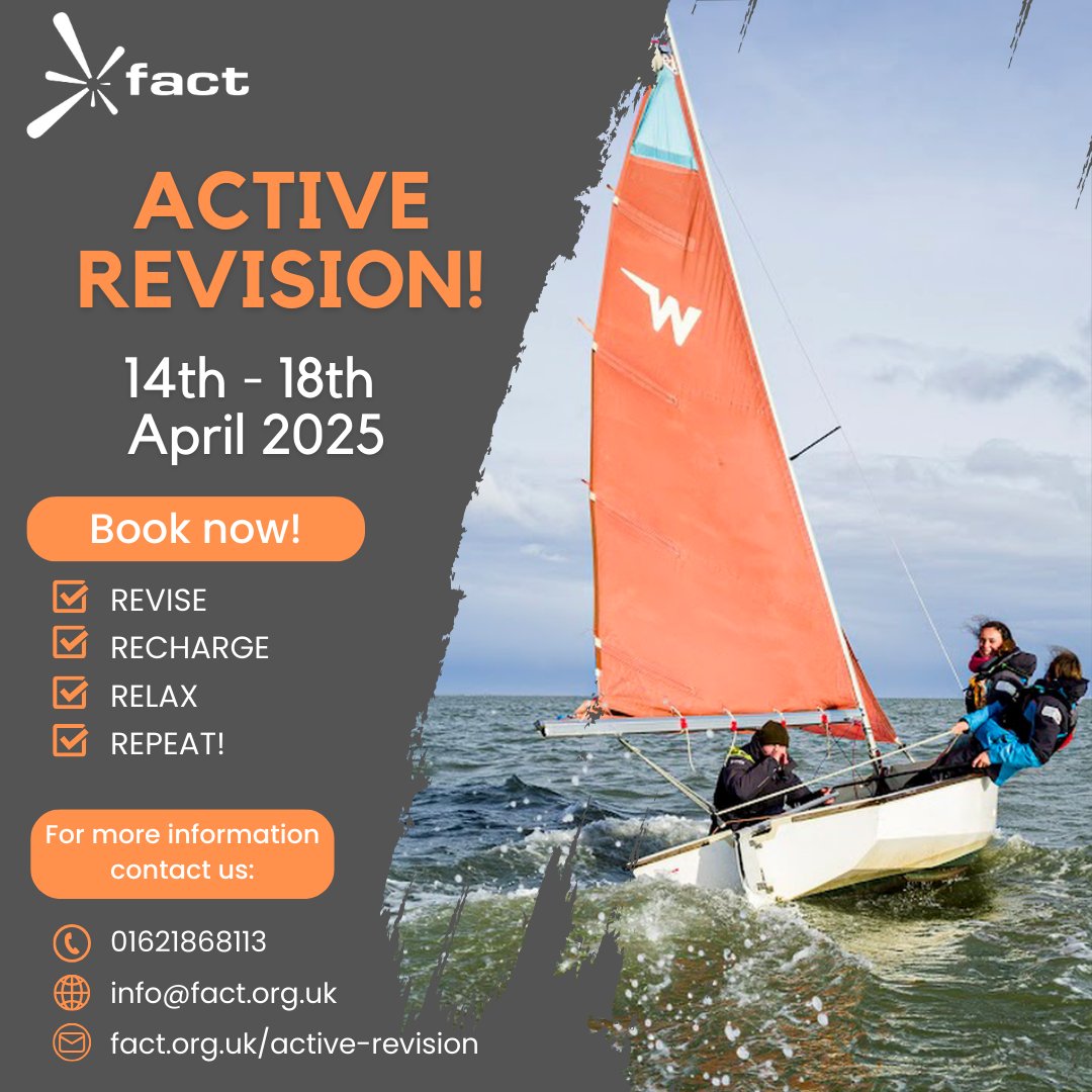 Struggling to revise?
Sign up to Active Revision now!  
An excellent blend of study, fun and relaxing on board our floating centre 'Trinity'.
Email: info@fact.org.uk or check out or website fact.org.uk/active-revision for more information.
The perfect way to prepare for your exams.