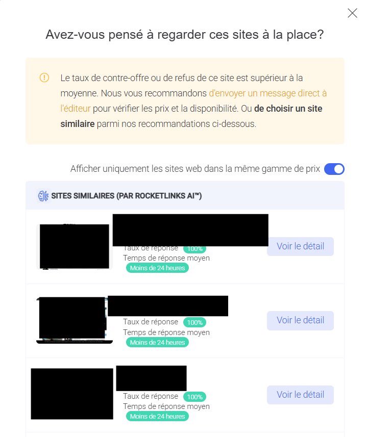 Renaissance (@seoslide) on Twitter photo Bonjour <a href="/RocketLinks_net/">RocketLinks</a>
Pourquoi ce message apparaît sur mes sites présents sur rocketlinks quand on veut commander alors que j’ai un taux de réponse de 100% en 48h avec quasi 0 refus ?
J’ai contacté le support 3 fois mais sans réponse depuis plusieurs semaines Bonjour <a href="/RocketLinks_net/">RocketLinks</a>
Pourquoi ce message apparaît sur mes sites présents sur rocketlinks quand on veut commander alors que j’ai un taux de réponse de 100% en 48h avec quasi 0 refus ?
J’ai contacté le support 3 fois mais sans réponse depuis plusieurs semaines