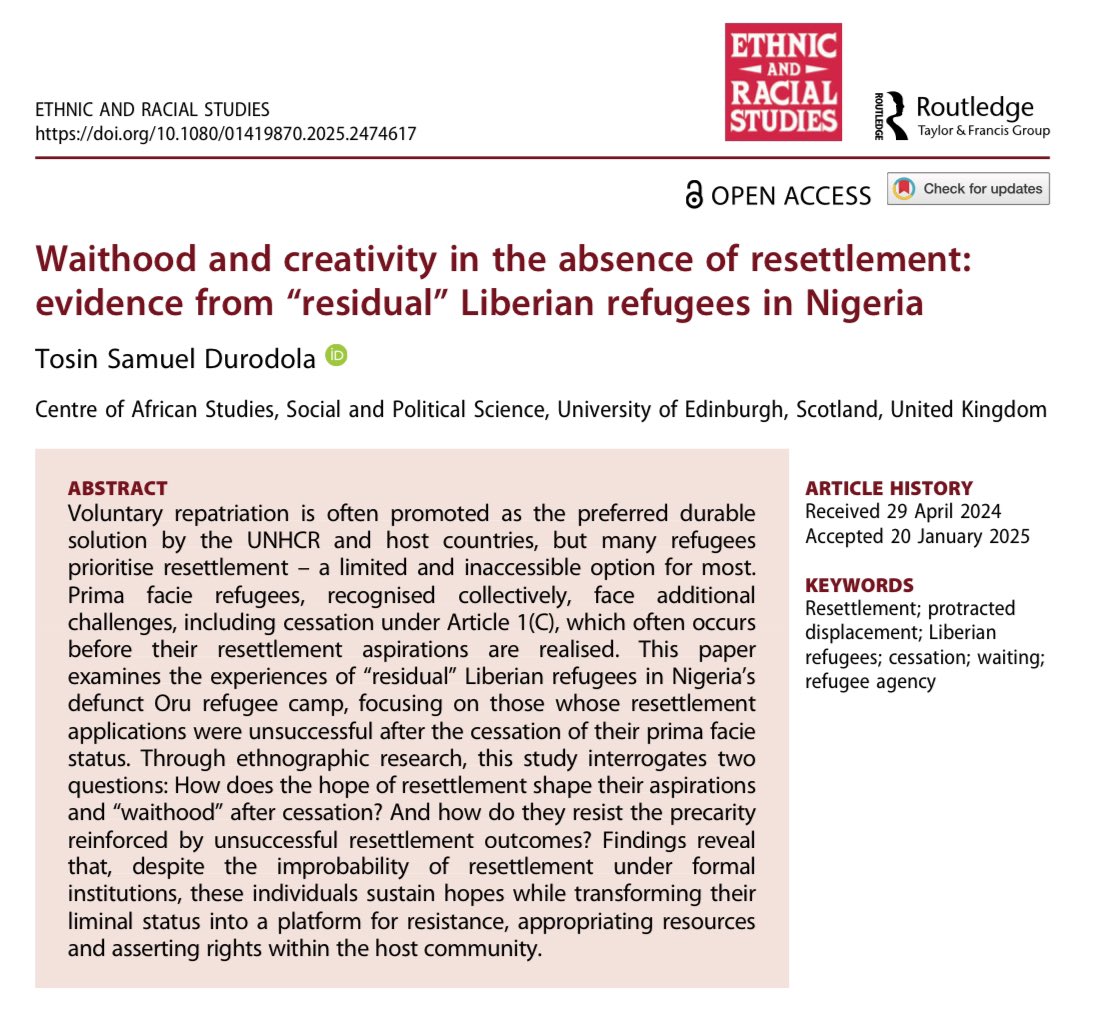 When #resettlement is unattainable, how do displaced individuals whose #refugee status has been revoked sustain hope, contest exclusion, and navigate the uncertainties of protracted displacement? 

In my new article, “Waithood and Creativity in the Absence of Resettlement: