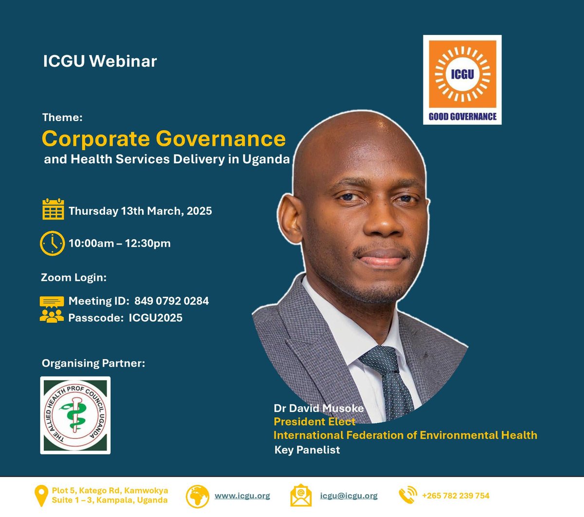 Institute of Corporate Governance of Uganda (@icgu256) on Twitter photo We successfully hosted a Webinar on "Corporate Governance and Health Services Delivery in Uganda"
Our appreciation to;
1. Dr. Ian Clarke <a href="/DrIanClarke/">Dr. Ian Clarke</a>
2. Prof. Rhoda Wanyenze <a href="/RhodaWanyenze/">Rhoda Wanyenze</a>
3. Dr. Byanyima K. Rosemary
4. Dr. David Musoke
<a href="/MulagoReferral/">Mulago National Referral Hospital</a> <a href="/MakSPH/">Makerere University School of Public Health</a> <a href="/AHPC_Ug/">The Allied Health Professionals Council</a> We successfully hosted a Webinar on "Corporate Governance and Health Services Delivery in Uganda"
Our appreciation to;
1. Dr. Ian Clarke <a href="/DrIanClarke/">Dr. Ian Clarke</a>
2. Prof. Rhoda Wanyenze <a href="/RhodaWanyenze/">Rhoda Wanyenze</a>
3. Dr. Byanyima K. Rosemary
4. Dr. David Musoke
<a href="/MulagoReferral/">Mulago National Referral Hospital</a> <a href="/MakSPH/">Makerere University School of Public Health</a> <a href="/AHPC_Ug/">The Allied Health Professionals Council</a>