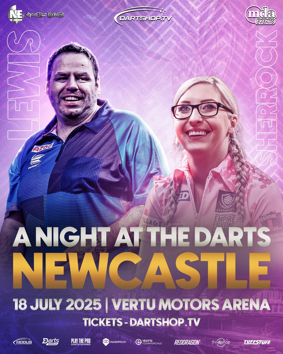 MODUS Sports (@modusdarts180) on Twitter photo 🚨 NEW SHOW ALERT!🚨
We are in Newcastle this July, where Adrian Lewis and Fallon Sherrock will be at Vertu Motors Arena.
Make sure you join us!
Tickets are on sale now:
dartshop.tv/products/a-nig…
<a href="/jackpot180/">Adrian Lewis</a>
<a href="/Fsherrock/">Fallon Sherrock MBE</a>
<a href="/TuffStuff_UK/">TUFFSTUFF WORKWEAR</a>
<a href="/EuroCommercials/">Euro Commercials</a>
<a href="/reddragondarts/">Red Dragon Darts</a> 🚨 NEW SHOW ALERT!🚨
We are in Newcastle this July, where Adrian Lewis and Fallon Sherrock will be at Vertu Motors Arena.
Make sure you join us!
Tickets are on sale now:
dartshop.tv/products/a-nig…
<a href="/jackpot180/">Adrian Lewis</a>
<a href="/Fsherrock/">Fallon Sherrock MBE</a>
<a href="/TuffStuff_UK/">TUFFSTUFF WORKWEAR</a>
<a href="/EuroCommercials/">Euro Commercials</a>
<a href="/reddragondarts/">Red Dragon Darts</a>