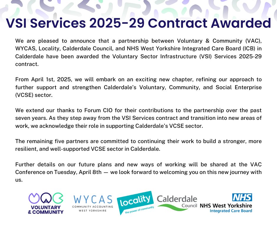 Voluntary Sector Infrastructure Alliance 🧡 (@vsialliance) on Twitter photo 📢 Announcement: VSI Services 2025-29 Contract Awarded.
Further details on our future plans and new ways of working will be shared at the VAC Conference, book here ➡ eventbrite.co.uk/e/1280836700049
<a href="/VACLocalLives/">VAC 🧡</a> | <a href="/_WYCAS_/">WYCAS</a> | <a href="/localitynews/">Locality</a> | <a href="/Calderdale/">Calderdale Council</a> | <a href="/calderdalecares/">Calderdale Cares</a> 📢 Announcement: VSI Services 2025-29 Contract Awarded.
Further details on our future plans and new ways of working will be shared at the VAC Conference, book here ➡ eventbrite.co.uk/e/1280836700049
<a href="/VACLocalLives/">VAC 🧡</a> | <a href="/_WYCAS_/">WYCAS</a> | <a href="/localitynews/">Locality</a> | <a href="/Calderdale/">Calderdale Council</a> | <a href="/calderdalecares/">Calderdale Cares</a>