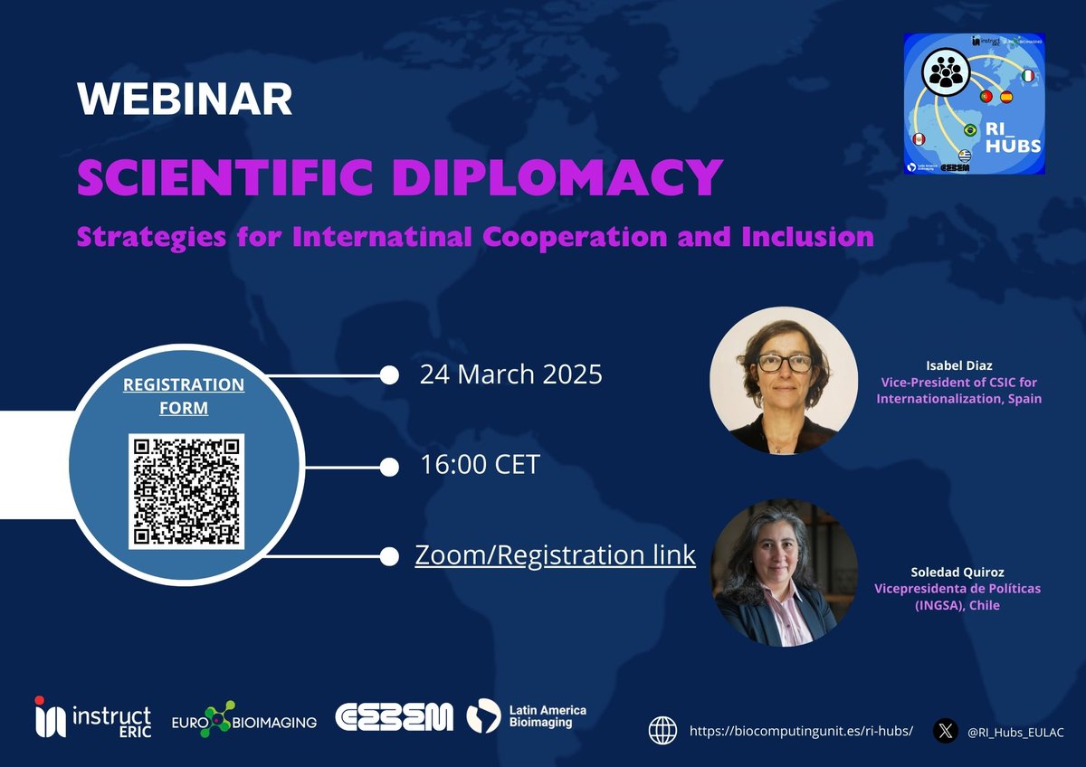 RI_Hubs_EULAC's tweet image. 📢 The 3rd Webinar !!
Join us to discuss #ScienceDiplomacy in "Strategies for International Cooperation and Inclusion."
🎙 Soledad Quiroz (@INGSciAdvice )
🎙 Isabel Díaz (@CSIC )
Registration is still open—sign up now!
🔗us02web.zoom.us/meeting/regist…