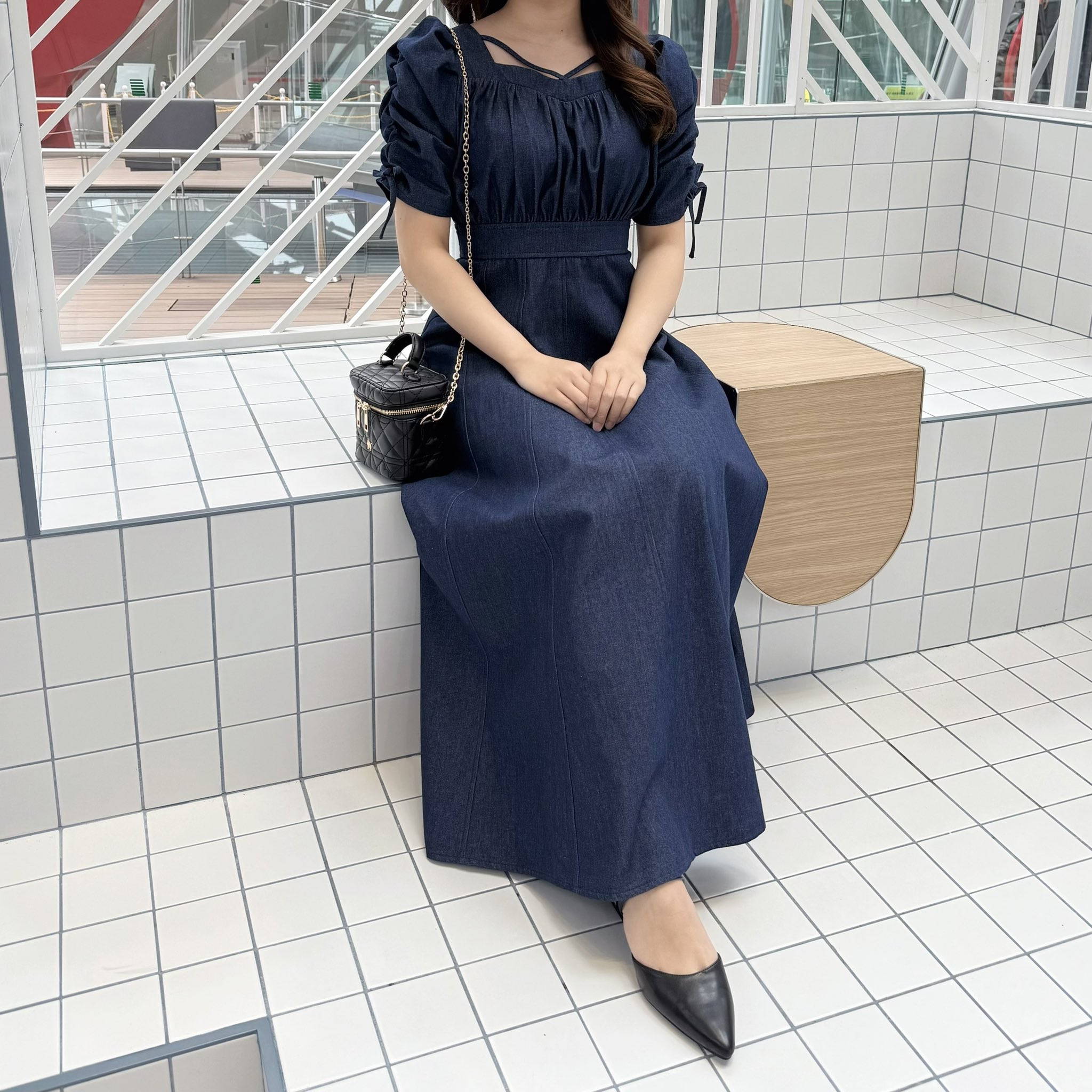 anmille バストギャザー フレア ワンピース デニム anmille バストギャザーフレアOP アンミールワンピースデニム