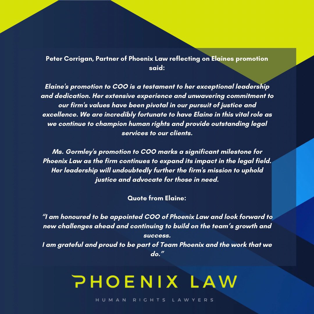 PhoenixLawHR's tweet image. 🚨 Phoenix Law are delighted to announce the promotion of Elaine Gormley to Chief Operating Officer 🚨 #TeamPhoenix 

More below 👇