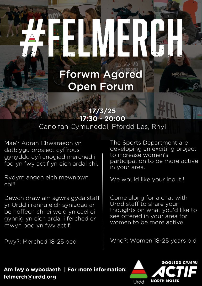 Urdd Sir Ddinbych (@urdddinbych) on Twitter photo Fforwm Agored #felmerch
Merched 18 -25
Byw yn Ardal Rhyl
Rydym eisiau eich mewnbwn chi ar gyfer cynllunio gweithgareddau i ferched fod yn fwy Actif
Dewch draw am sgwrs gyda staff yr Urdd , Nos Lun nesaf rhwng 17:30 a 20:00
Plîs rhannwch gydag eraill
<a href="/gogcymruactif/">Gogledd Cymru Actif</a> Fforwm Agored #felmerch
Merched 18 -25
Byw yn Ardal Rhyl
Rydym eisiau eich mewnbwn chi ar gyfer cynllunio gweithgareddau i ferched fod yn fwy Actif
Dewch draw am sgwrs gyda staff yr Urdd , Nos Lun nesaf rhwng 17:30 a 20:00
Plîs rhannwch gydag eraill
<a href="/gogcymruactif/">Gogledd Cymru Actif</a>