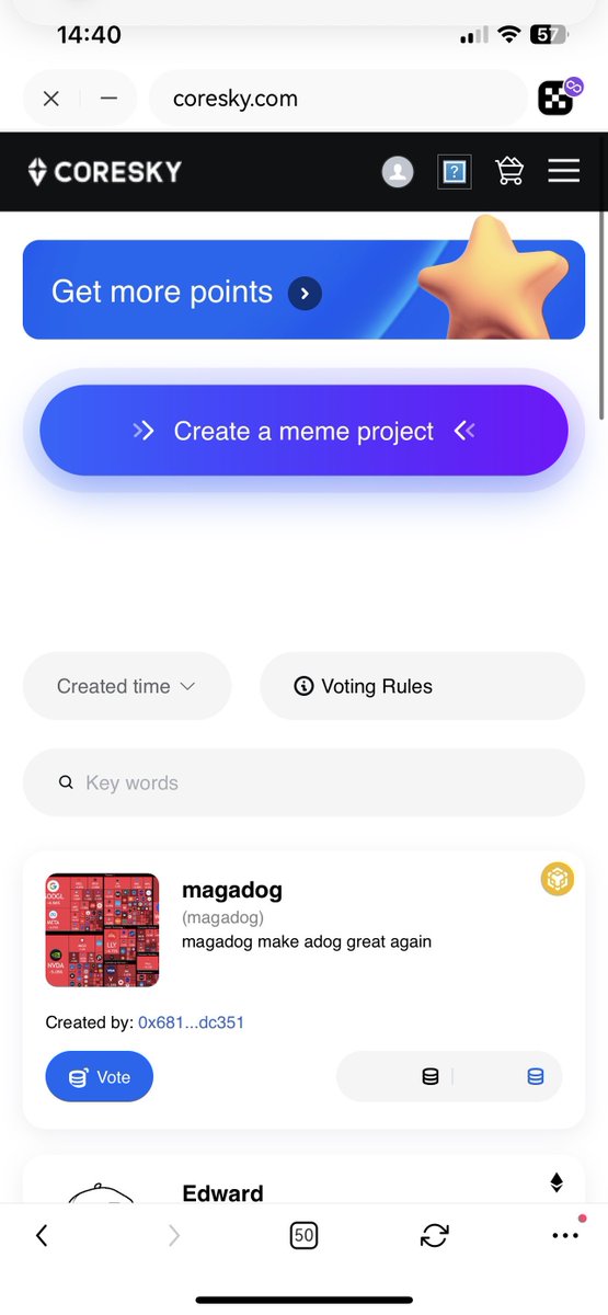 🟩羊毛時間到～～這次來搞CoreSky

CoreSky 是一個創新的 Web3 基礎設施平台，不僅讓你能夠創建自己的表情包（Meme）代幣，還能為其他創作者的表情包投票，幫助它們登上市場的舞台。現在已經支援 BSC、Polygon 和 ETH。

剛剛我創建了一個 Magadog
