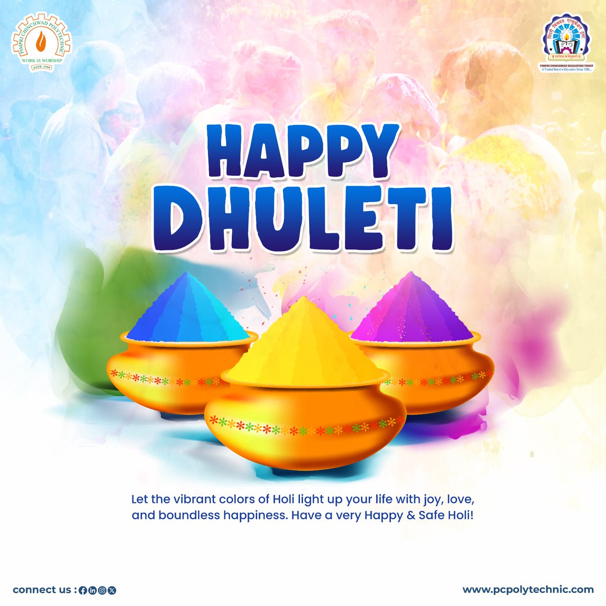 pcet_pcp's tweet photo. 🌈May the seven colors of happiness, prosperity, success, wealth, joy, positivity and prosperity be scattered in our lives like the colors of Dhulivandan!
#HappyDhulivandan.🌈

#HappyHoli #Holi2025 #Holi #Dhulivandan2025 #धुलीवंदन #रंगोत्सव #FestivalOfColors #ColorsOfHappiness https://t.co/qNw3CsLZHO