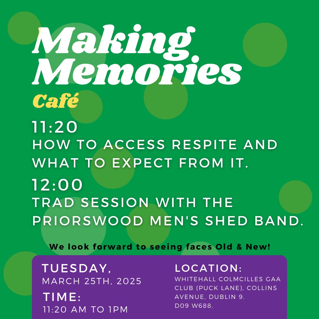 We are back on Tuesday, the 25th of March.

At 11:20, our first topic is "How to Access Respite and What to Expect From it".

And at 12:00, we have a trad session with the Priorswood Men's Shed band.
Looking forward to seeing you all!
#Cafe #Whitehall #AlzheimersIreland