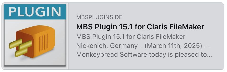 MBSPlugins's tweet image. MBS Plugin 15.1 for #ClarisFileMaker

* Saxon XLST examples for electronic invoices in #FileMaker
* Files.ShareFile &amp;amp; Files.ShowPropertyDialog for Windows
* Barcodes with JSON output
* 8 Bit Encoding for SendMail
* Python.AddSysPath

mbsplugins.de/archive/2025-0…