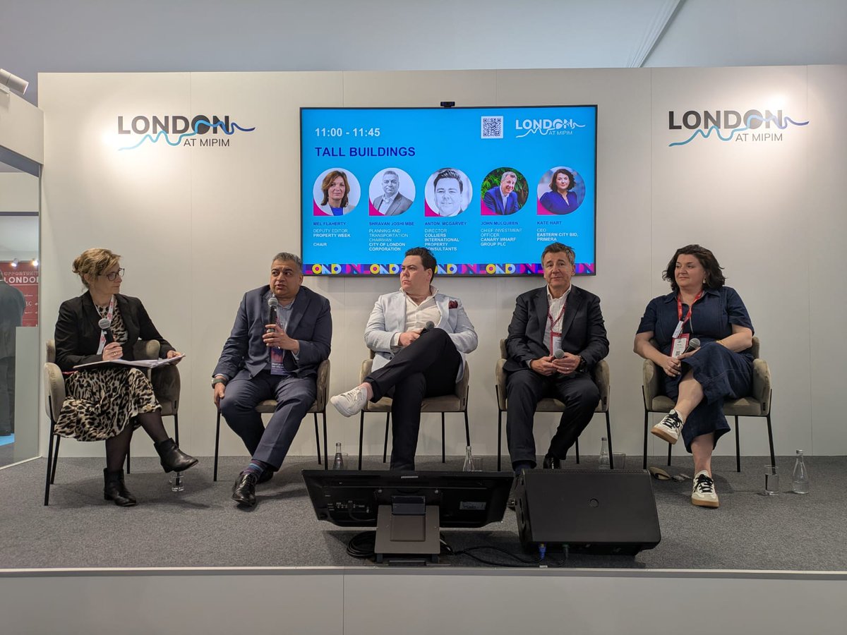London at MIPIM (@londonatmipim) on Twitter photo 🔴LIVE on the #LondonatMIPIM stage now: "Tall buildings" with...
Mel Flaherty, <a href="/PropertyWeek/">Property Week</a>
Anton McGarvey, <a href="/Colliers_UK/">Colliers UK</a>
<a href="/ShravanJoshi/">Shravan Joshi</a>, <a href="/cityoflondon/">City of London</a>
Kate Hart, <a href="/easterncityldn/">Eastern City BID</a>
John Mulqueen, Canary Wharf Group 🔴LIVE on the #LondonatMIPIM stage now: "Tall buildings" with...
Mel Flaherty, <a href="/PropertyWeek/">Property Week</a>
Anton McGarvey, <a href="/Colliers_UK/">Colliers UK</a>
<a href="/ShravanJoshi/">Shravan Joshi</a>, <a href="/cityoflondon/">City of London</a>
Kate Hart, <a href="/easterncityldn/">Eastern City BID</a>
John Mulqueen, Canary Wharf Group