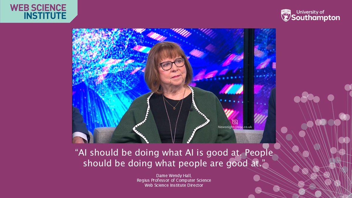 sotonWSI (@sotonwsi) on Twitter photo WSI Director, <a href="/DameWendyDBE/">Wendy Hall</a>, joined the <a href="/BBCNewsnight/">BBC Newsnight</a> panel to share her take on the UK Government's plans to use AI to modernise the <a href="/UKCivilService/">UK Civil Service</a>
Watch the full episode on BBC iPlayer here 👉 lnkd.in/erte-XFd WSI Director, <a href="/DameWendyDBE/">Wendy Hall</a>, joined the <a href="/BBCNewsnight/">BBC Newsnight</a> panel to share her take on the UK Government's plans to use AI to modernise the <a href="/UKCivilService/">UK Civil Service</a>
Watch the full episode on BBC iPlayer here 👉 lnkd.in/erte-XFd