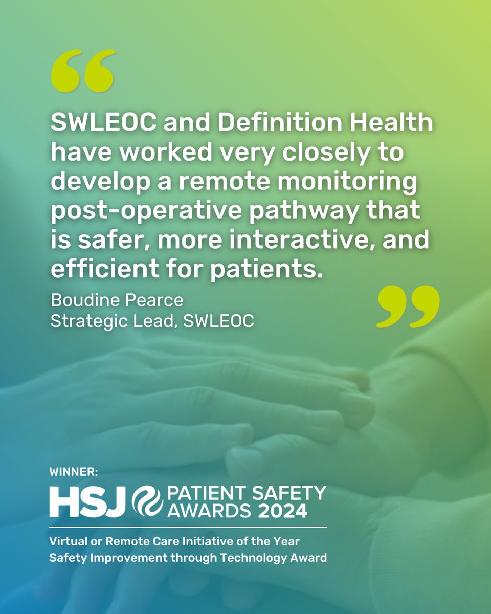 Definition Health (@definitionh18) on Twitter photo This #PatientSafetyAwarenessWeek, we're spotlighting <a href="/the_SWLEOC/">SWLEOC - HSJ Partnership Award Winner 2022</a>, one of the UK’s largest elective hubs, for their award-winning work in improving patient safety.
Learn how we’re helping elective surgical hubs deliver safer, best practice care 👉 eu1.hubs.ly/H0hvLbW0 This #PatientSafetyAwarenessWeek, we're spotlighting <a href="/the_SWLEOC/">SWLEOC - HSJ Partnership Award Winner 2022</a>, one of the UK’s largest elective hubs, for their award-winning work in improving patient safety.
Learn how we’re helping elective surgical hubs deliver safer, best practice care 👉 eu1.hubs.ly/H0hvLbW0