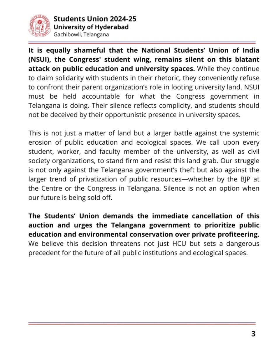 As Telangana govt is set to auction 400 crores worth lands of <a href="/HydUniv/">Univ of Hyderabad</a> its  Students Union accuses the Congress of betrayal of public education &amp; environment. It is true that from <a href="/RahulGandhi/">Rahul Gandhi</a> to CM <a href="/revanth_anumula/">Revanth Reddy</a> made tall claims abt preserving edu institutions ahead of polls.