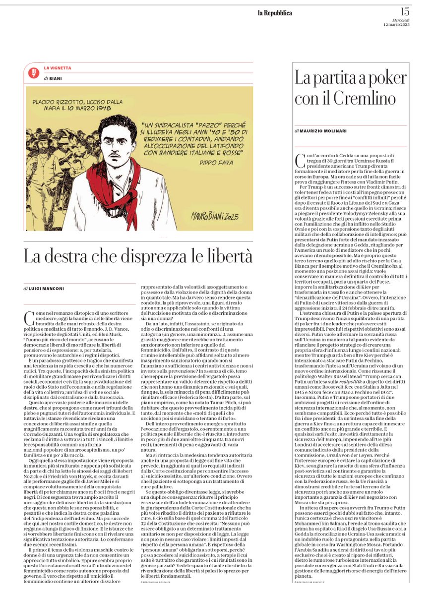 Luigi Manconi (@luigimanconi1) on Twitter photo A proposito della destra politica e mediatica di tutto il mondo e di quella italiana, che dimostra il disprezzo delle libertà con due esempi recenti in tema di violenza maschile contro le donne e di fine vita. Il mio articolo di ieri su <a href="/repubblica/">Repubblica</a> A proposito della destra politica e mediatica di tutto il mondo e di quella italiana, che dimostra il disprezzo delle libertà con due esempi recenti in tema di violenza maschile contro le donne e di fine vita. Il mio articolo di ieri su <a href="/repubblica/">Repubblica</a>