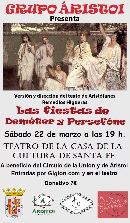 🗓 Sábado, 22 de Marzo, 19:00 h
🔵LAS FIESTAS DE DEMÉTER Y PERSÉFONE
Organiza Circulo de la Unión y grupo Áristoi
🎟 Entrada 7€.
Los beneficios irán destinados a Necesidades sin fronteras.
ℹ️ Entradas disponibles: 
giglon.com/evento/las-fie…