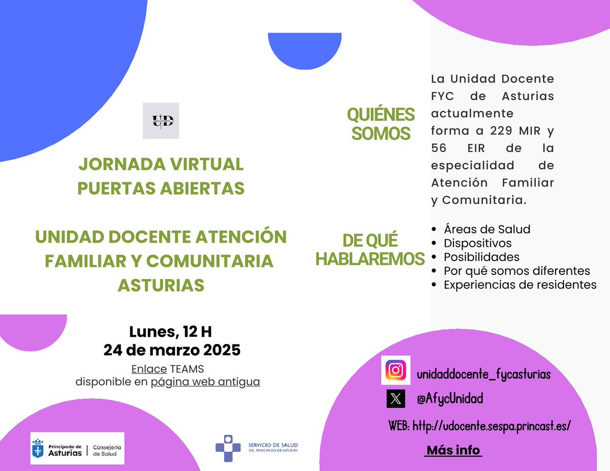 Unidad Docente Multiprofesional AFyC Asturias (@afycunidad) on Twitter photo Futuros residentes de Familia y Comunitaria: os presentamos nuestra Jornada Virtual de Puertas Abiertas, el lunes 24 de marzo, a las 12 h. Podéis conectaros aquí: acortar.link/HVnECn. #unidaddocenteasturias #docencia #atencionfamiliarycomunitaria ¡Os esperamos! <a href="/astursalud/">Consejería de Salud</a> Futuros residentes de Familia y Comunitaria: os presentamos nuestra Jornada Virtual de Puertas Abiertas, el lunes 24 de marzo, a las 12 h. Podéis conectaros aquí: acortar.link/HVnECn. #unidaddocenteasturias #docencia #atencionfamiliarycomunitaria ¡Os esperamos! <a href="/astursalud/">Consejería de Salud</a>