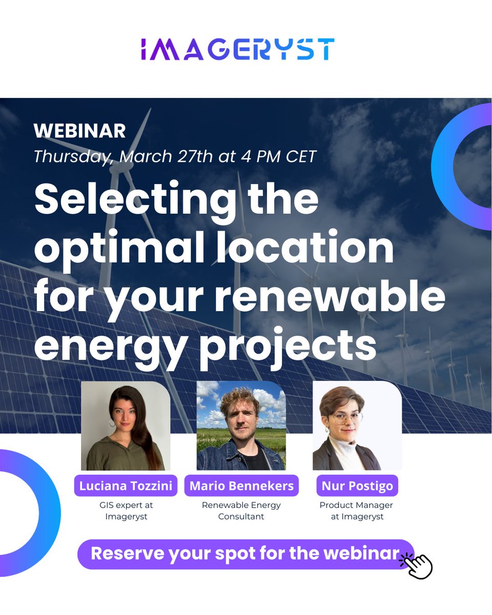 In this live webinar, we’ll explore how Imageryst technology enables precise land evaluation, risk reduction, and optimized investments in solar and wind infrastructure.

🧐Are you interested? Join us! ⤵️
eu1.hubs.ly/H0hvLc50