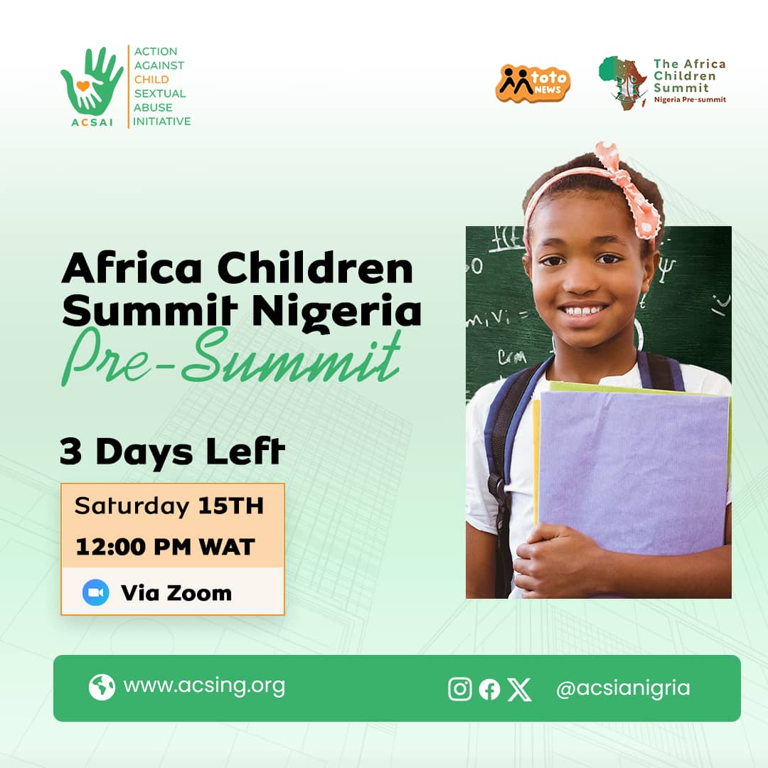 acsainigeria (@acsainigeria) on Twitter photo ⏳ 3 DAYS TO GO! 🌍✨
The #ACS2025NigeriaPreSummit is almost here! 🗓️ Join us on March 15, 2025, at 12:00 PM WAT via Zoom as we empower children to lead the future! 🚀📢
<a href="/MtotoNews/">Mtoto News</a>
#ACS2025 #NigeriaPreSummit #FutureLeaders #ChildrenFirst #YouthEmpowerment ⏳ 3 DAYS TO GO! 🌍✨
The #ACS2025NigeriaPreSummit is almost here! 🗓️ Join us on March 15, 2025, at 12:00 PM WAT via Zoom as we empower children to lead the future! 🚀📢
<a href="/MtotoNews/">Mtoto News</a>
#ACS2025 #NigeriaPreSummit #FutureLeaders #ChildrenFirst #YouthEmpowerment