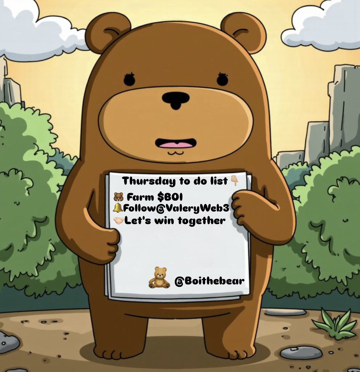 Wolfsxbt's tweet photo. Thursday to do list 👇🏻

🐻Farm $BOI
🐻Farm $BOI
🐻Farm $BOI

🔔 Follow @ValeryWeb3 
 
Dont fade…Let’s farm together 🤝🏻
@Boithebear https://t.co/jScVmsexkh