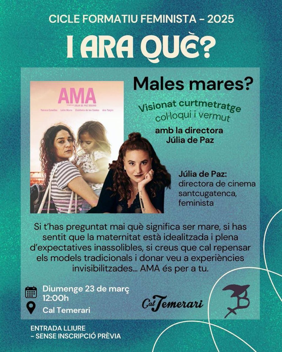 📽️ Aquest diumenge 23 de març a les 12 h, vine a <a href="/CalTemerari/">Cal Temerari</a> per veure AMA i conversar amb la directora Júlia de Paz sobre maternitat, expectatives i models tradicionals. 
🗣️🍷 Col·loqui i vermut en un espai feminista! 
💜 Entrada lliure, sense inscripció prèvia.