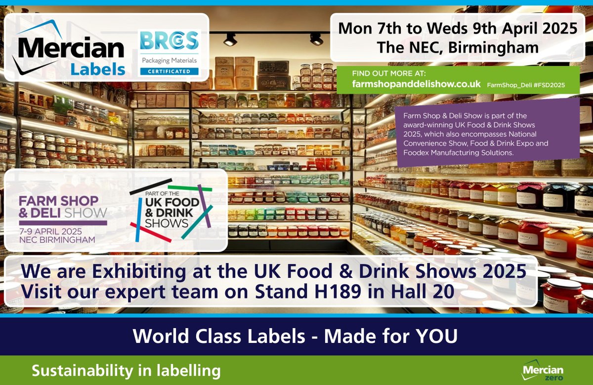 The award-winning trade only UK Food &amp; Drink Shows 2025 return to the NEC Mon 7th - Weds 9th April, where you can discuss your #Food &amp; #Drink labelling needs with the Mercian Labels team on stand H189 in Hall 20.
Find out more and sign up at farmshopanddelishow.co.uk