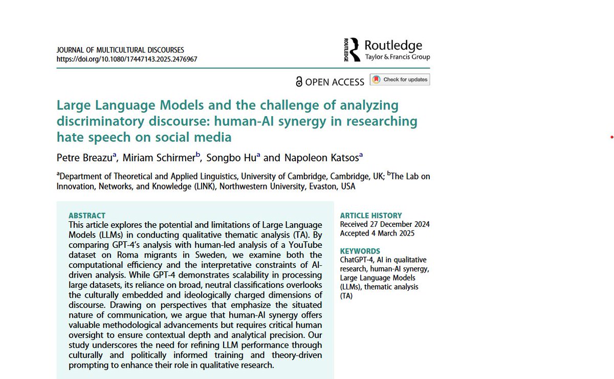 🧵New paper out! How effective is GPT-4 for analyzing hate speech on social media? Our research in the Journal of Multicultural Discourses explores this important question. tandfonline.com/doi/full/10.10…
