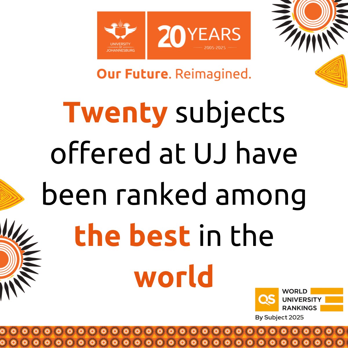 🚀 UJ SOARS HIGHER IN GLOBAL RANKINGS! 🌍🎓

In the 2025 QS World University Rankings by Subject, UJ is now ranked in 20 subjects—4 more than last year! 🔥

👏 A testament to UJ’s commitment to excellence! 

Read more: news.uj.ac.za/news/uj-rises-…

#UJExcellence #UJRankings #UJ20