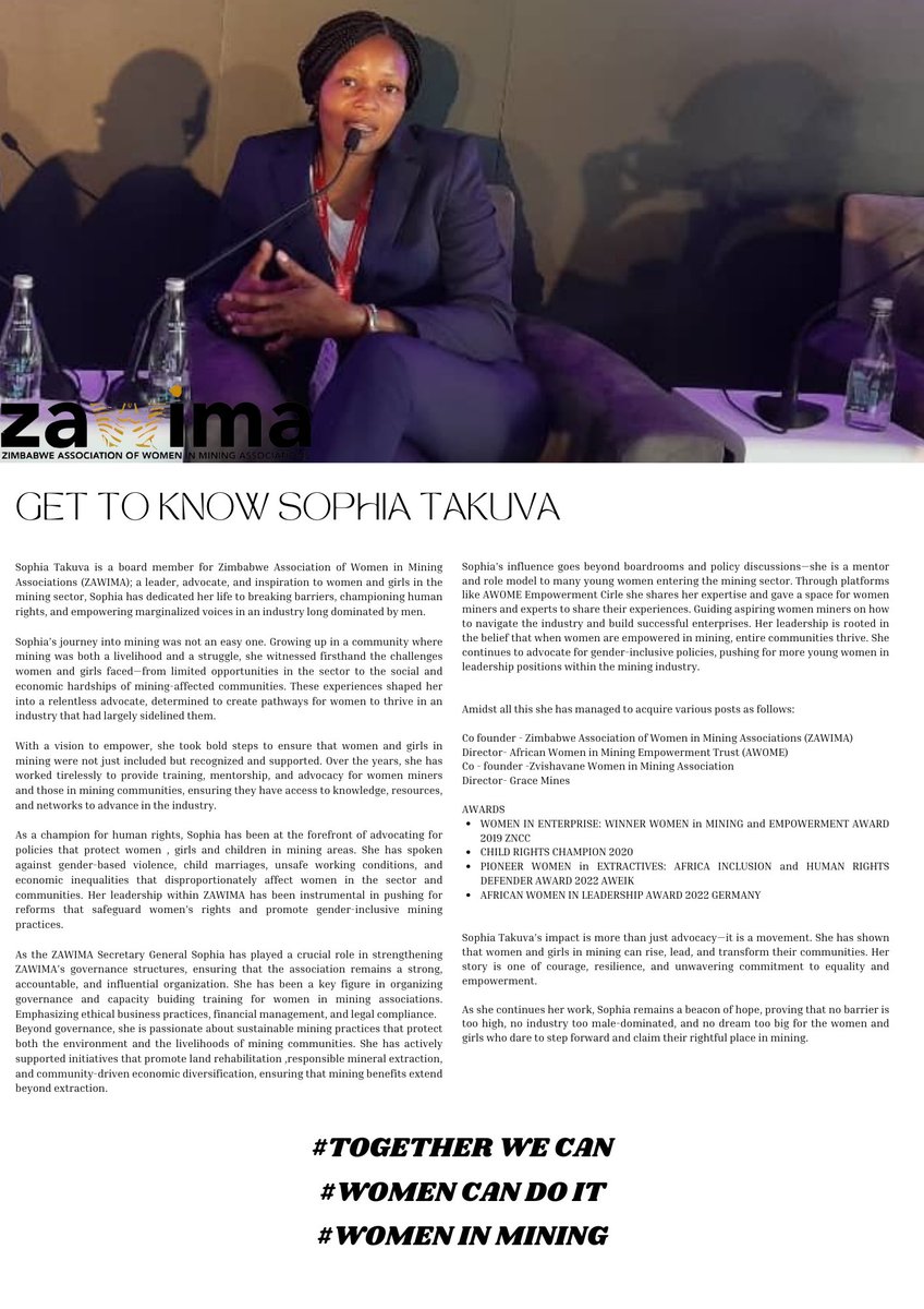Zim Association of Women in Mining Associations (@zawima_org) on Twitter photo We are still celebrating the amazing women behind ZAWIMA, and today we are introducing <a href="/sophietakuva/">Sophia Takuva</a>
#WomensMonth
#WomenInMining
#Leadership We are still celebrating the amazing women behind ZAWIMA, and today we are introducing <a href="/sophietakuva/">Sophia Takuva</a>
#WomensMonth
#WomenInMining
#Leadership