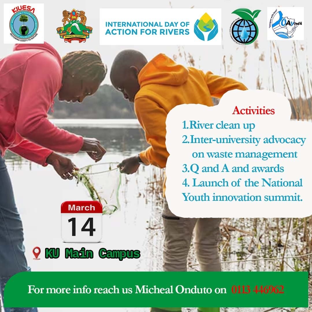 Environmental Students Association🇰🇪 (@k_iuesa) on Twitter photo Good afternoon, Tomorrow is the international day of #ActionofRivers. Led by our patron <a href="/kiolijohn/">john kioli</a> ,we shall celebrate it by partnering with <a href="/kunec250/">KU ENVIRONMENT CLUB</a> during their Green Week. We shall begin the day by cleaning up the river at KU followed by exciting sessions thereafter. Good afternoon, Tomorrow is the international day of #ActionofRivers. Led by our patron <a href="/kiolijohn/">john kioli</a> ,we shall celebrate it by partnering with <a href="/kunec250/">KU ENVIRONMENT CLUB</a> during their Green Week. We shall begin the day by cleaning up the river at KU followed by exciting sessions thereafter.