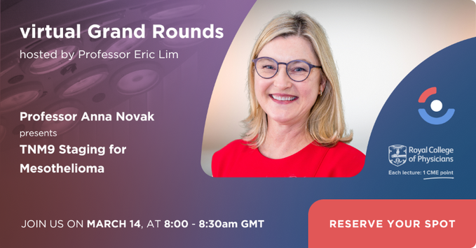 virtual Grand Rounds (@vgrandrounds) on Twitter photo Don't forget to join us tomorrow at 8 am GMT for an exciting session with Professor Anna Nowak (<a href="/perth_meso_dr/">Anna Nowak</a>), Deputy Vice Chancellor (Research) at the University of Western Australia.
💡Topic: TNM9 Staging for Mesothelioma
Register here: drericlim.com/brompton-grand… Don't forget to join us tomorrow at 8 am GMT for an exciting session with Professor Anna Nowak (<a href="/perth_meso_dr/">Anna Nowak</a>), Deputy Vice Chancellor (Research) at the University of Western Australia.
💡Topic: TNM9 Staging for Mesothelioma
Register here: drericlim.com/brompton-grand…